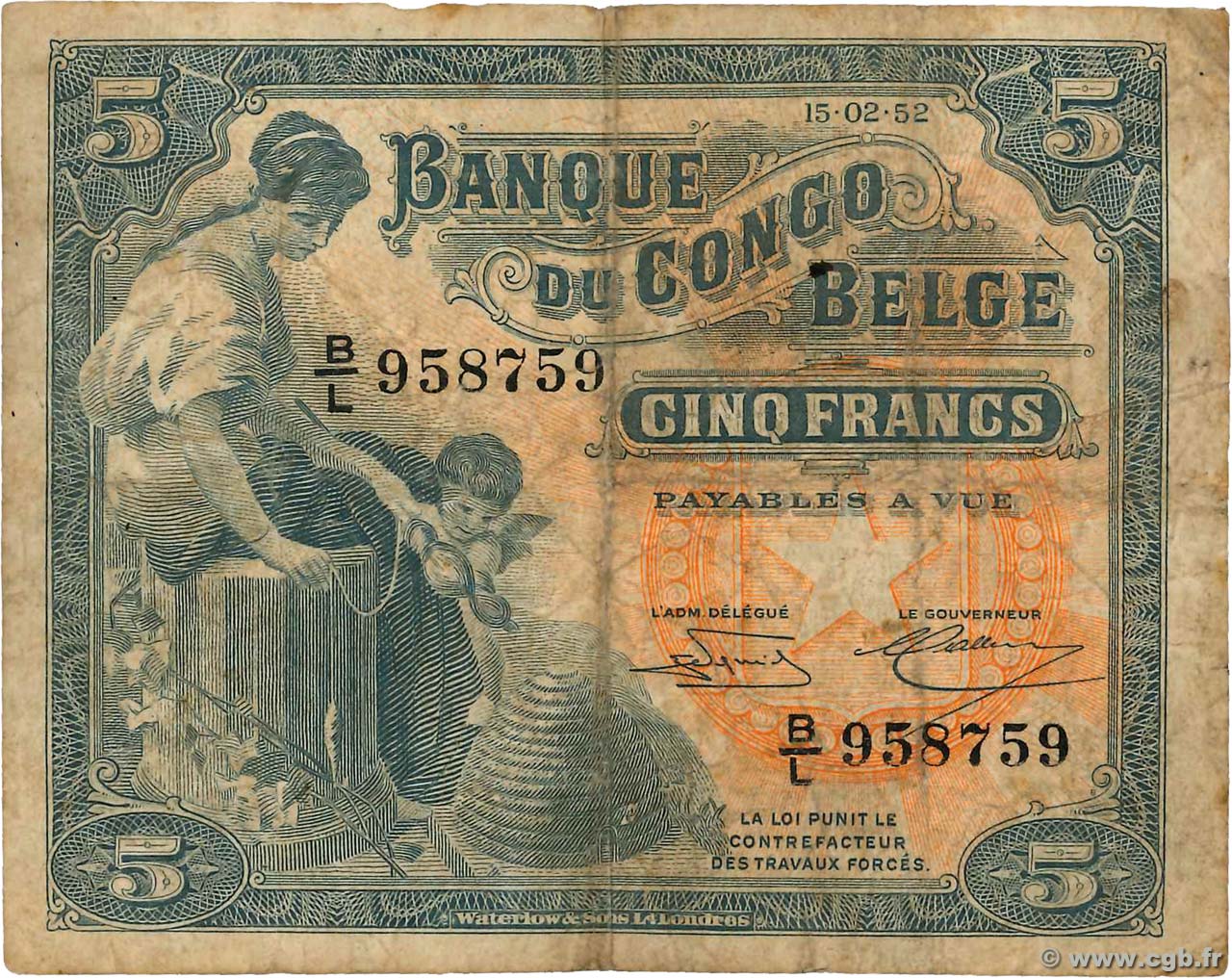 5 Francs CONGO BELGE  1952 P.13B B+