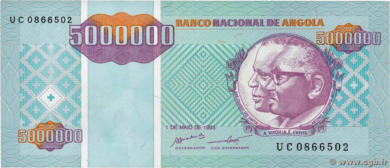 Angola P-139 100,000 Kwanzas Year 1.5.1995 Banknote Uncirculated 