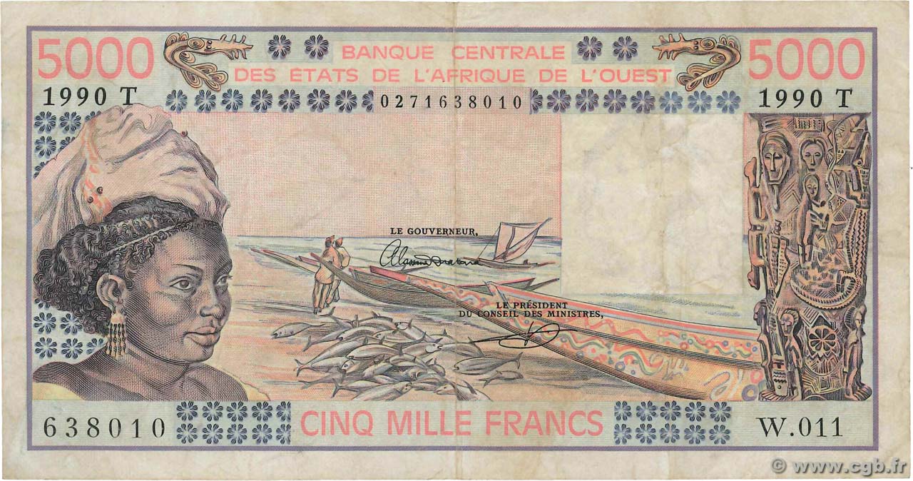 5000 Francs WEST AFRIKANISCHE STAATEN  1990 P.808Tj fSS