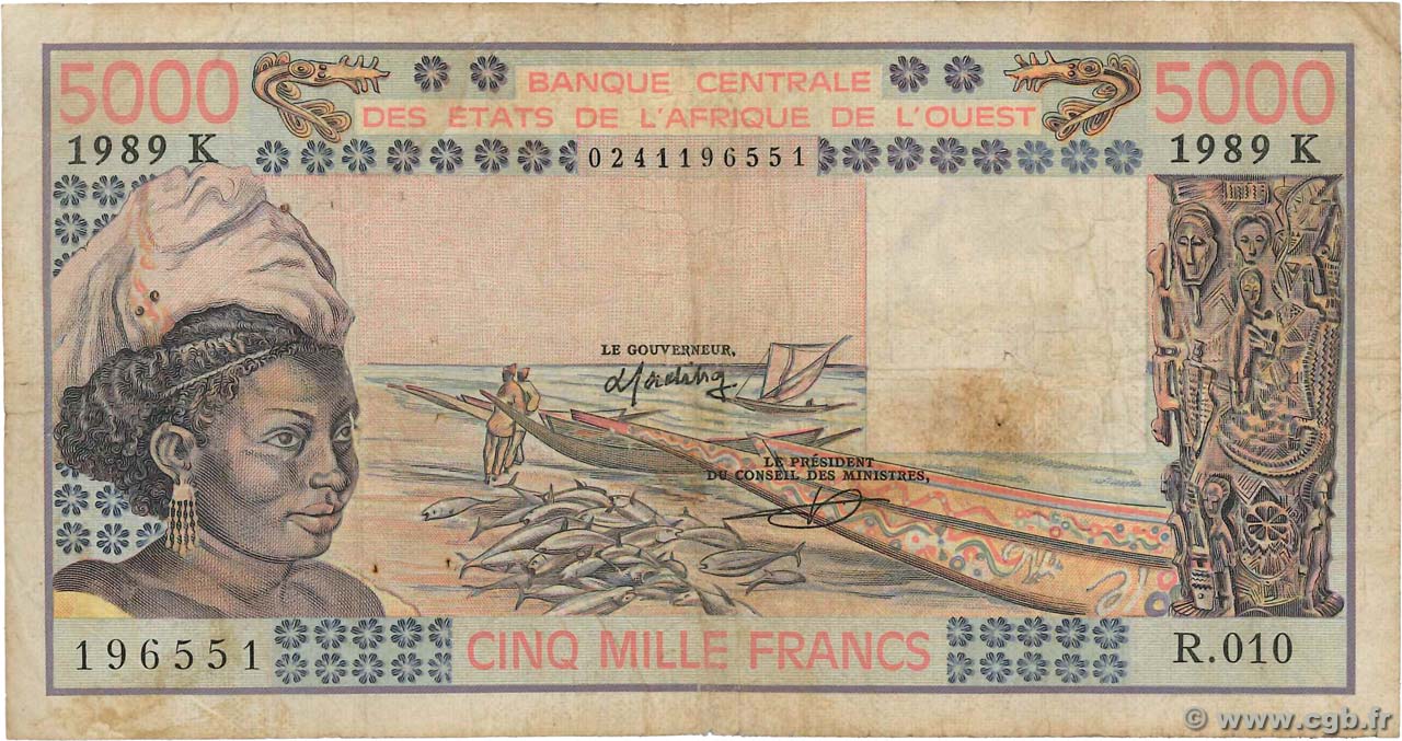 5000 Francs ÉTATS DE L AFRIQUE DE L OUEST  1989 P.708Ke pr.TB