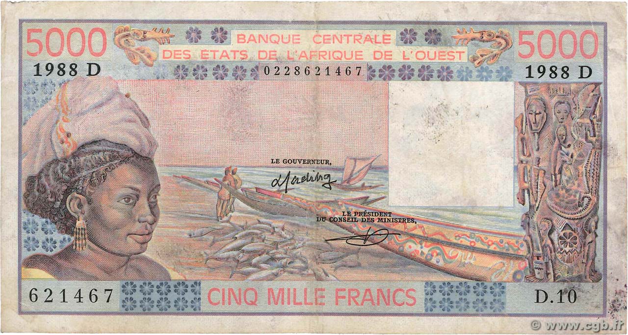 5000 Francs WEST AFRICAN STATES  1988 P.407Da VG