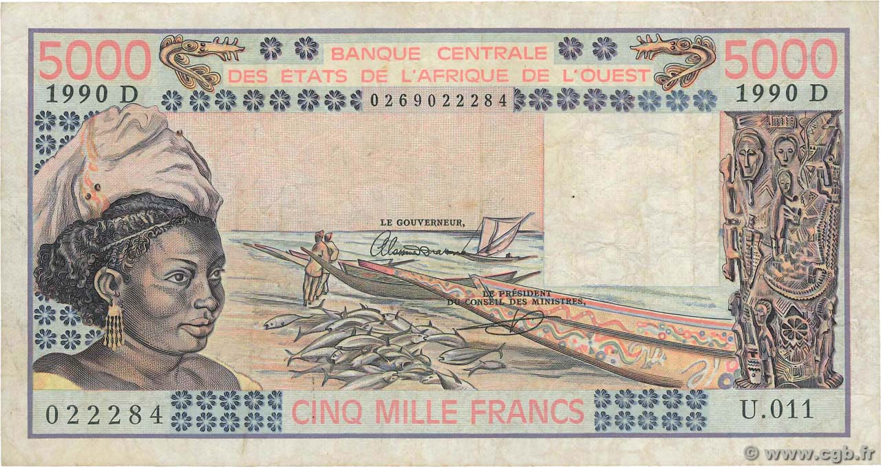 5000 Francs STATI AMERICANI AFRICANI  1990 P.407Di MB