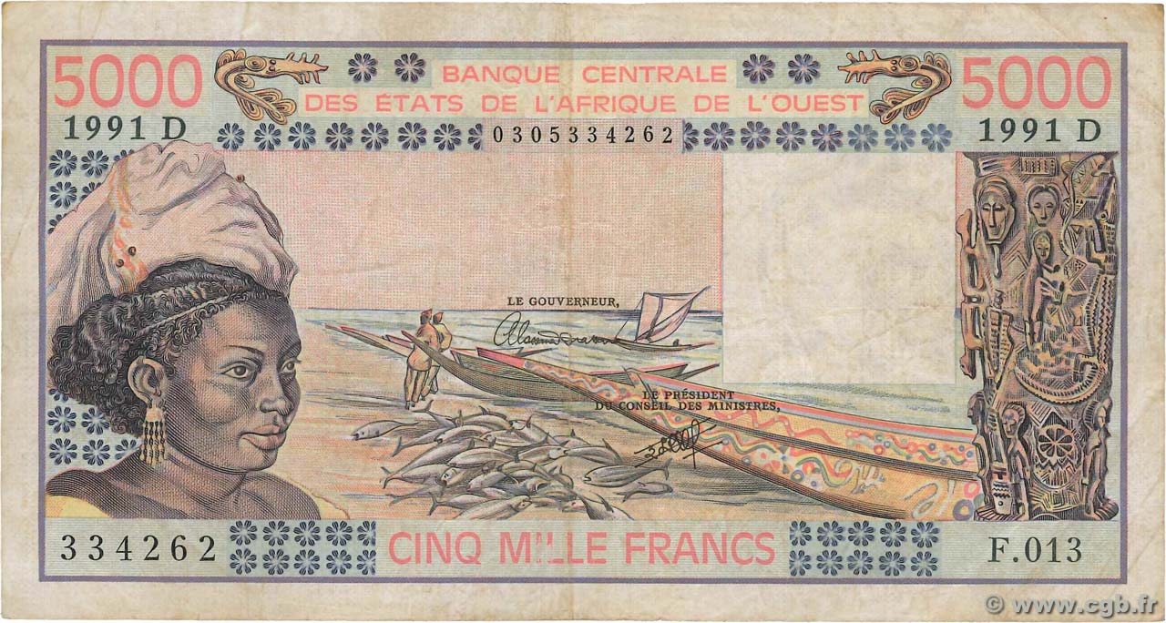 5000 Francs WEST AFRICAN STATES  1991 P.407Dj F
