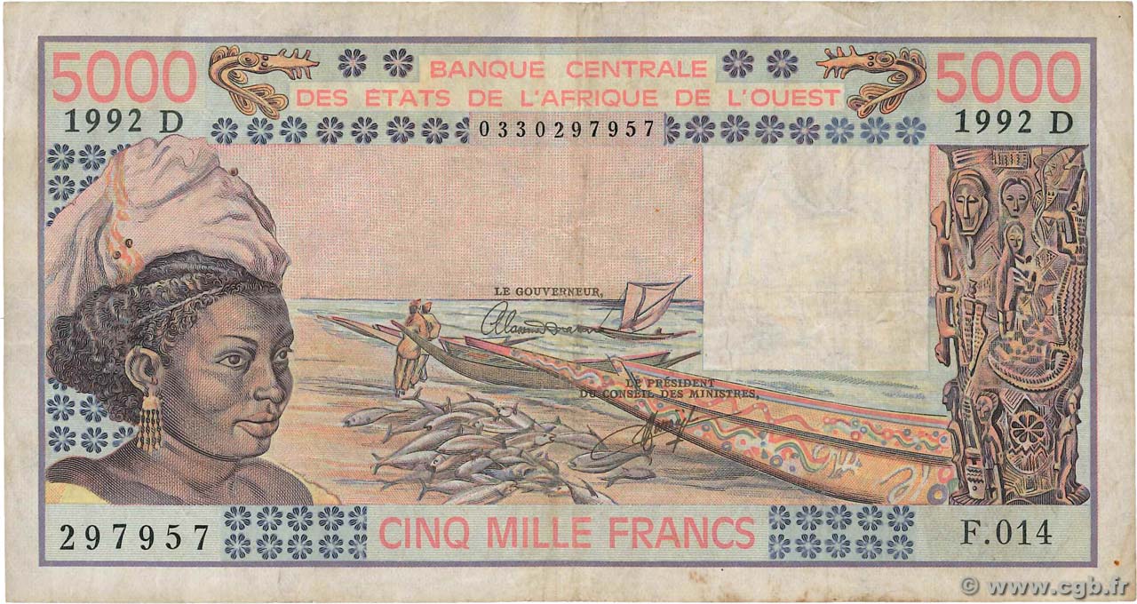 5000 Francs ESTADOS DEL OESTE AFRICANO  1992 P.407Dl BC
