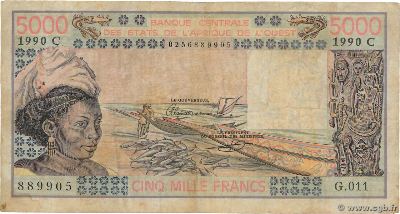 5000 Francs STATI AMERICANI AFRICANI  1990 P.308Cn q.MB