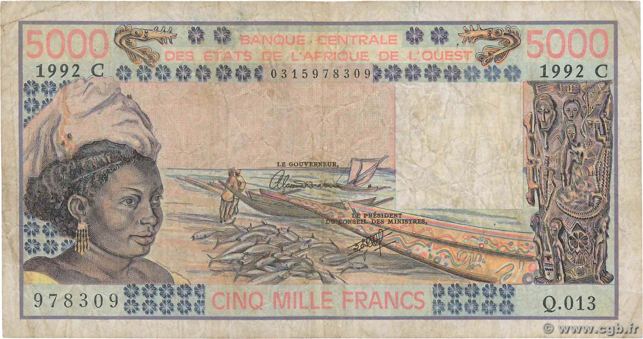 5000 Francs WEST AFRIKANISCHE STAATEN  1992 P.308Cp fS