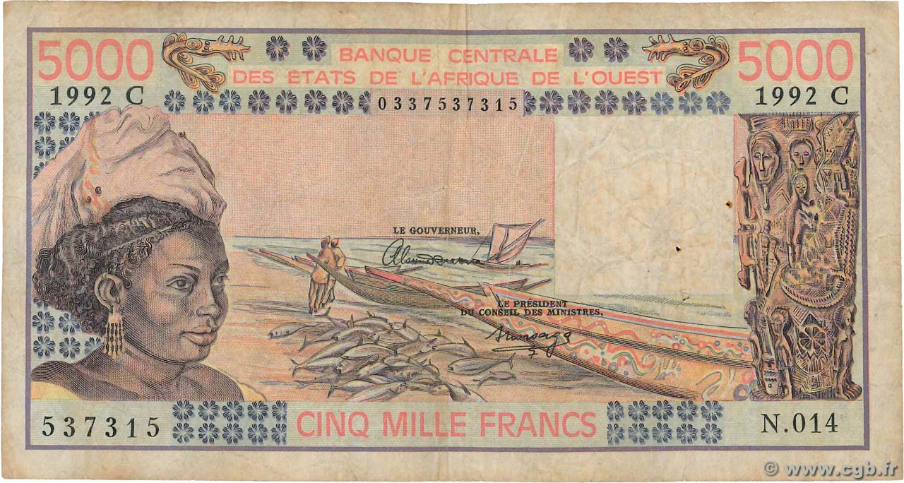 5000 Francs ÉTATS DE L AFRIQUE DE L OUEST  1992 P.308Cq B+