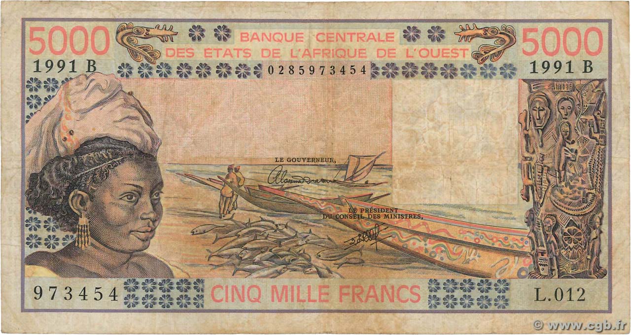 5000 Francs STATI AMERICANI AFRICANI  1991 P.208Bm q.MB