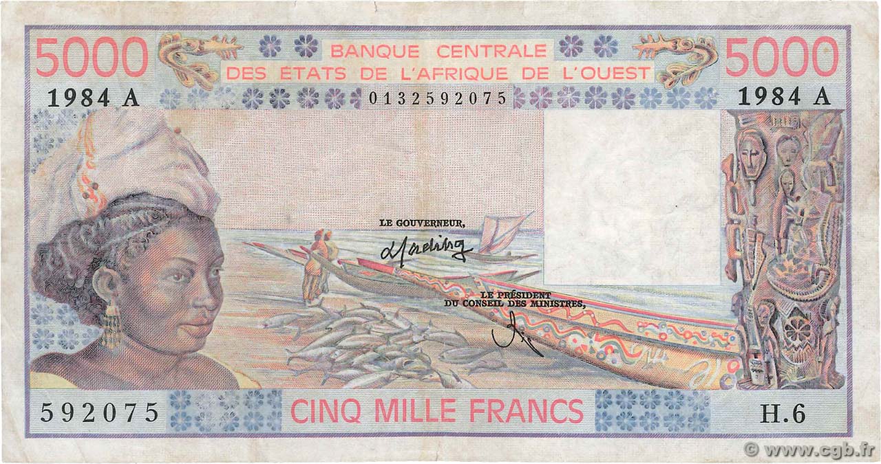 5000 Francs STATI AMERICANI AFRICANI  1984 P.108Al q.MB