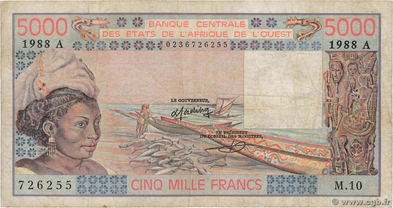 5000 Francs STATI AMERICANI AFRICANI  1988 P.108Af q.MB