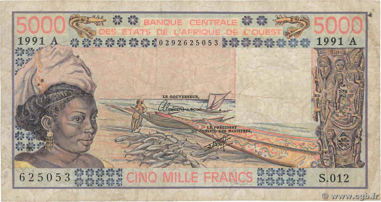 5000 Francs ÉTATS DE L AFRIQUE DE L OUEST  1991 P.108Ar pr.TB
