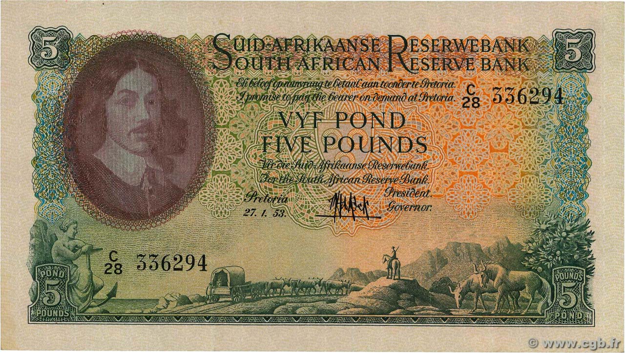 5 Pounds SOUTH AFRICA  1953 P.097b VF