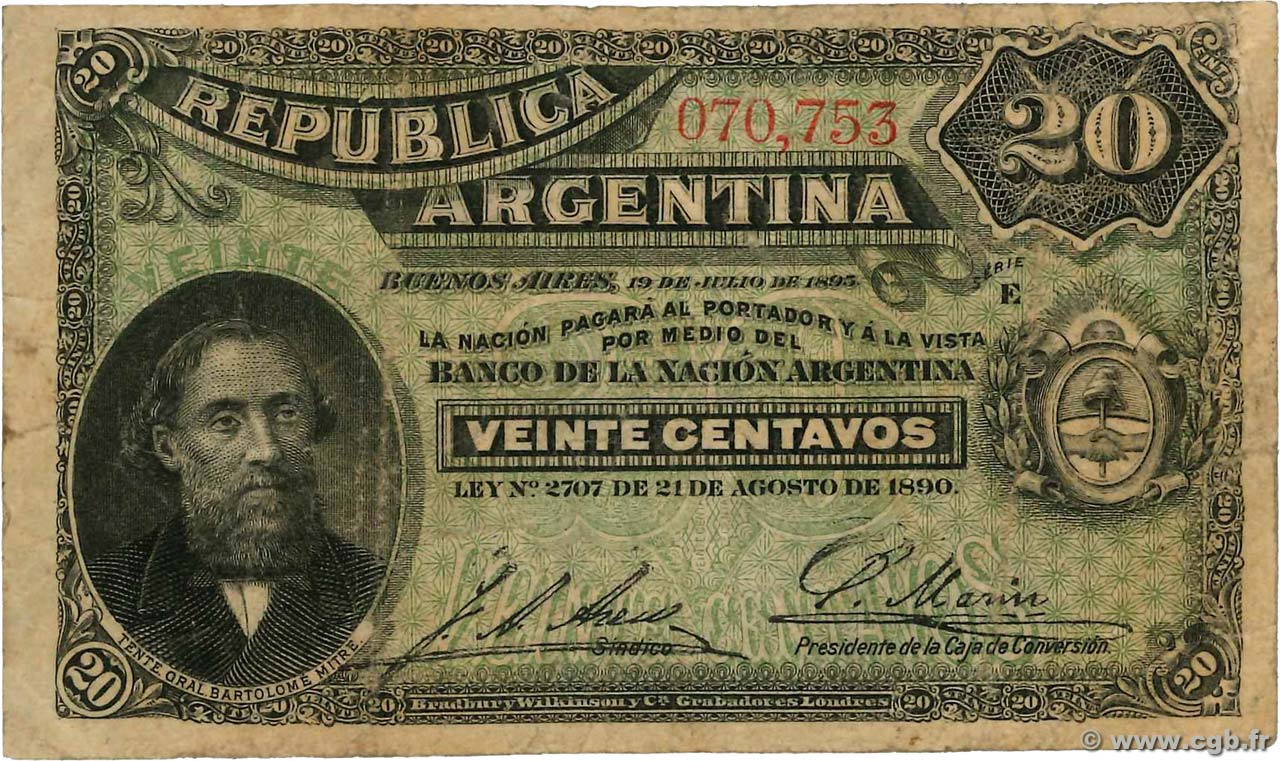 20 Centavos ARGENTINIEN  1895 P.229a S