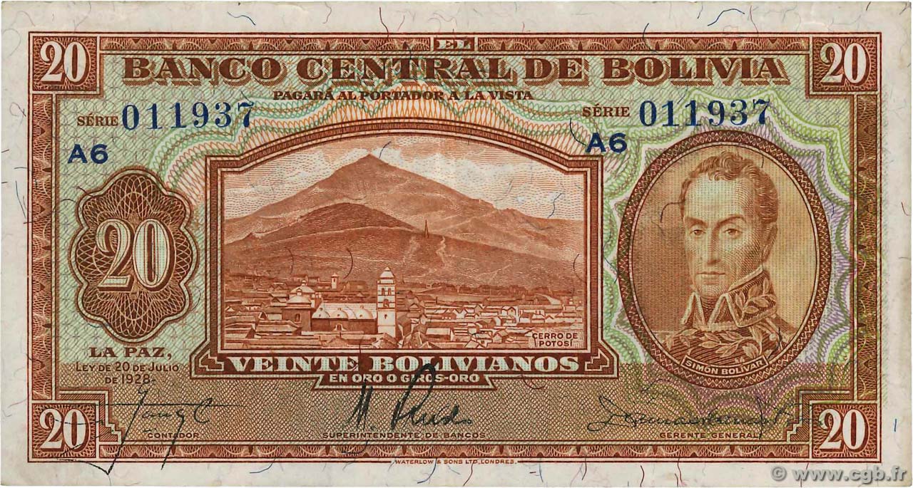 20 Bolivianos BOLIVIA  1928 P.131 q.SPL
