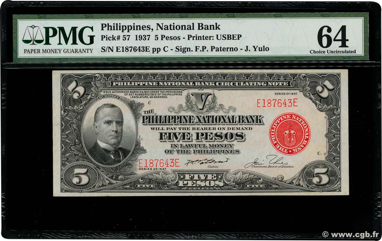 5 Pesos FILIPINAS  1937 P.057 FDC