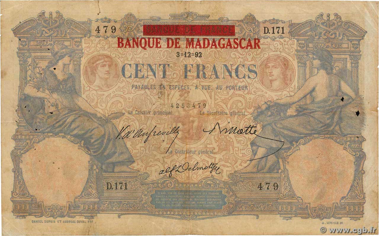 100 Francs Petit numéro MADAGASCAR  1892 P.034 q.MB