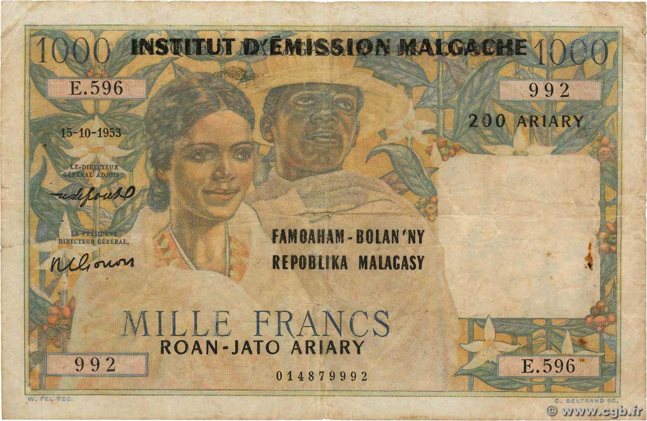 1000 Francs - 200 Ariary MADAGASCAR  1961 P.054 q.MB