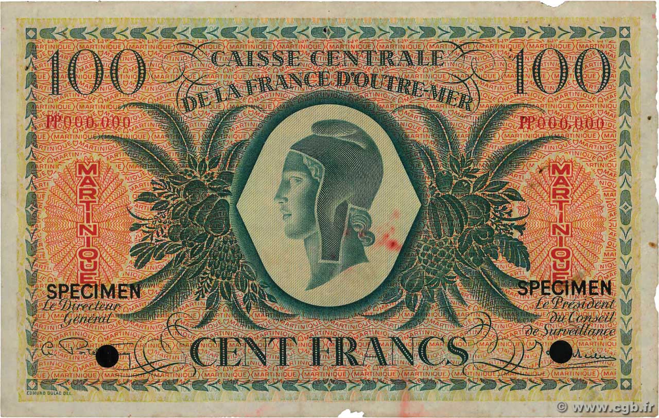 100 Francs Spécimen MARTINIQUE  1943 P.25s S