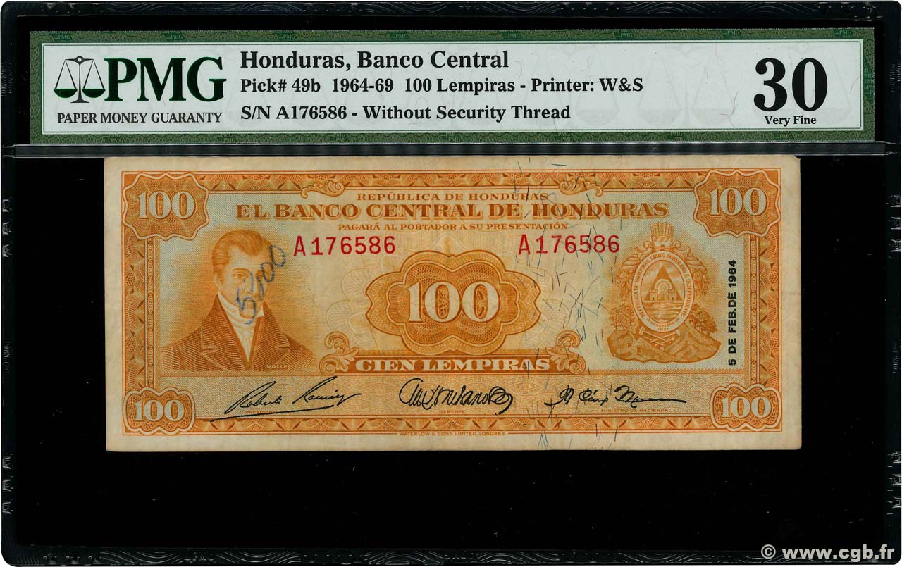 100 Lempiras HONDURAS  1964 P.049b MB