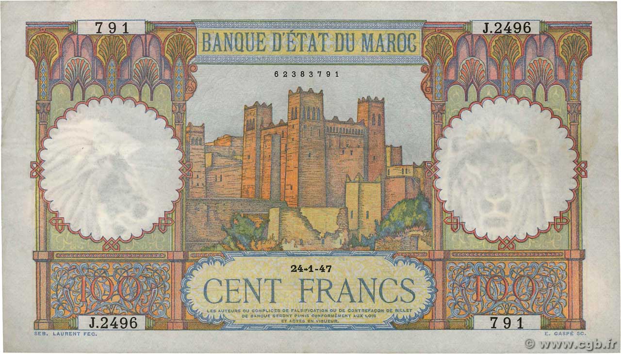 100 Francs MAROCCO  1947 P.20 BB