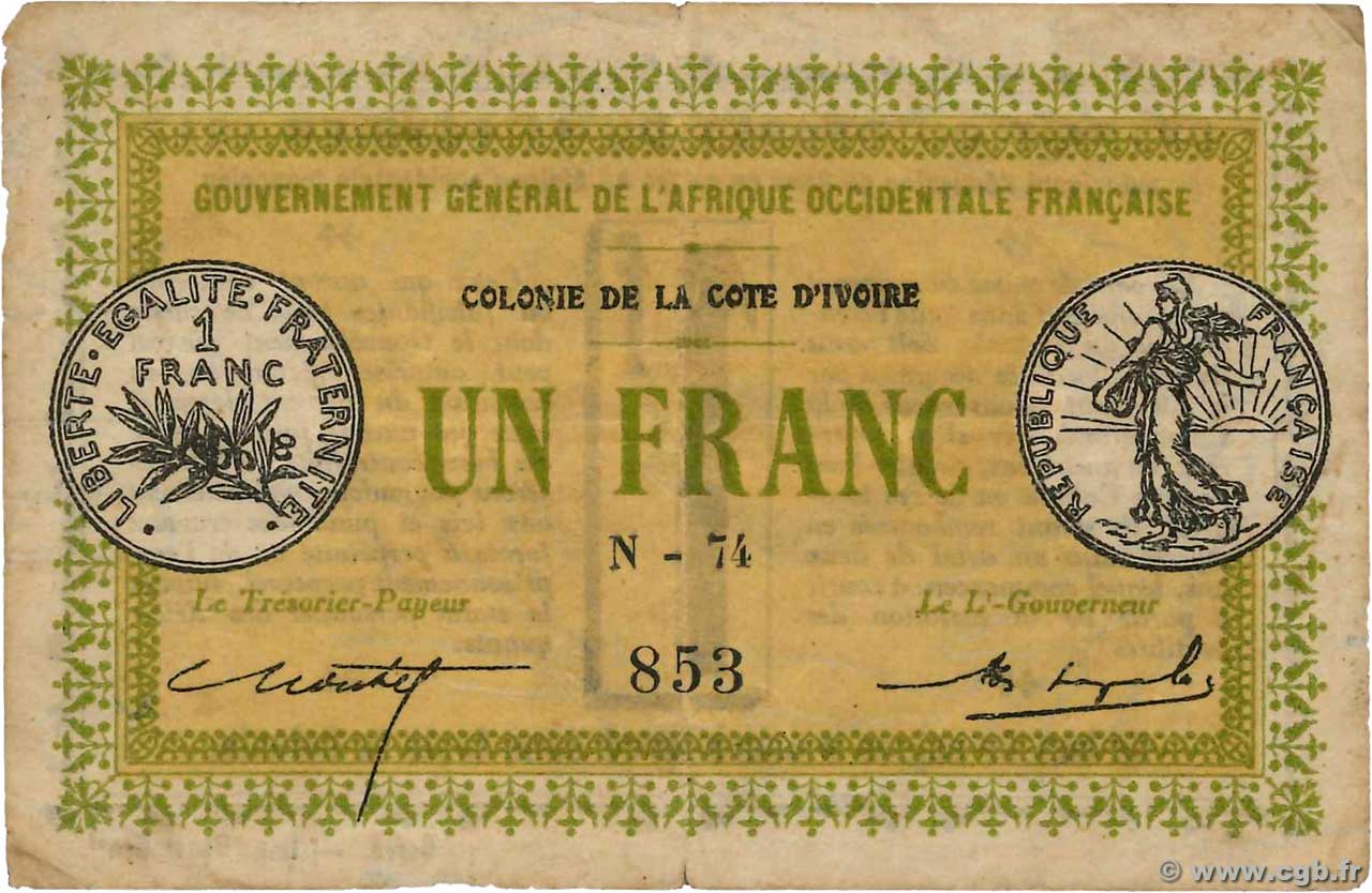 1 Franc COTE D IVOIRE  1917 P.02b pr.TB