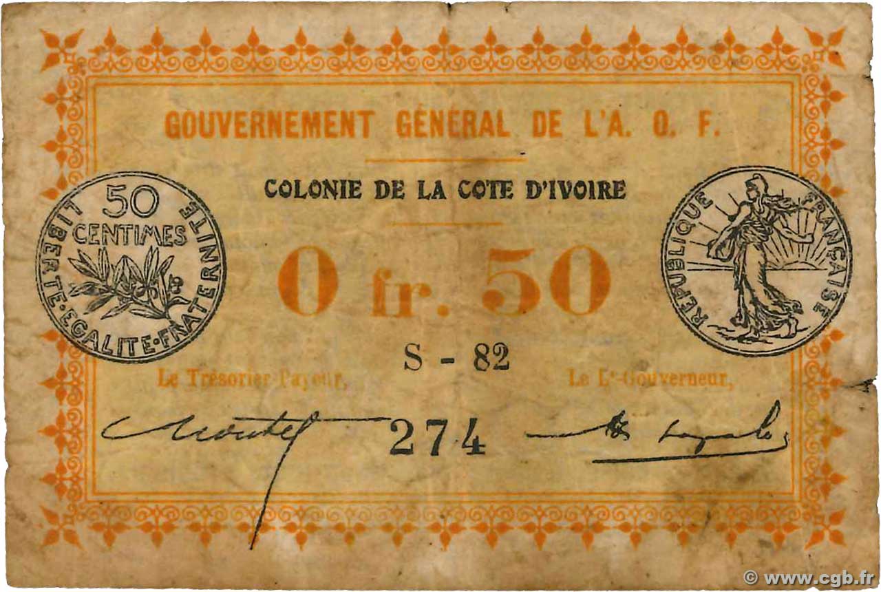 50 Centimes COSTA D AVORIO  1917 P.01b q.MB
