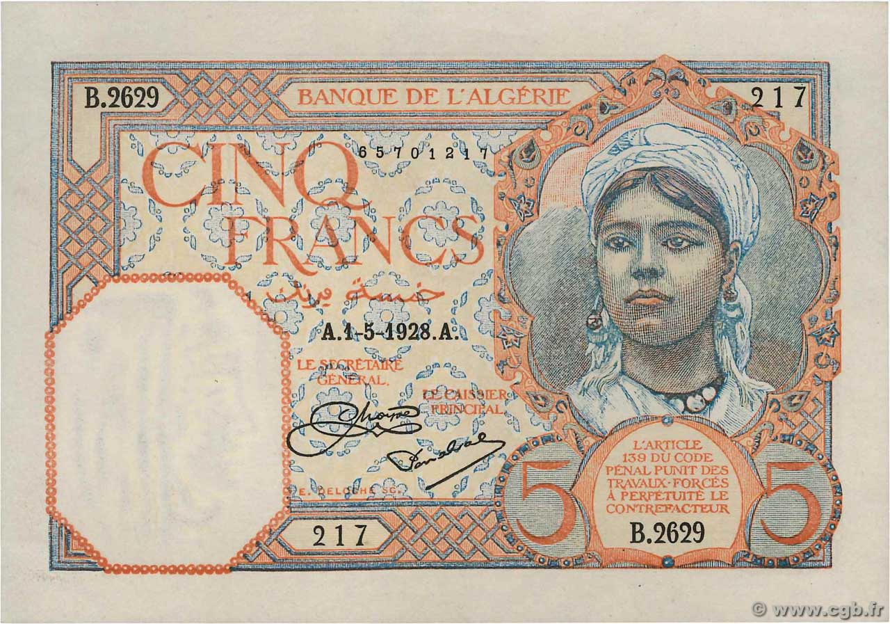 5 Francs ALGÉRIE  1928 P.077a SPL