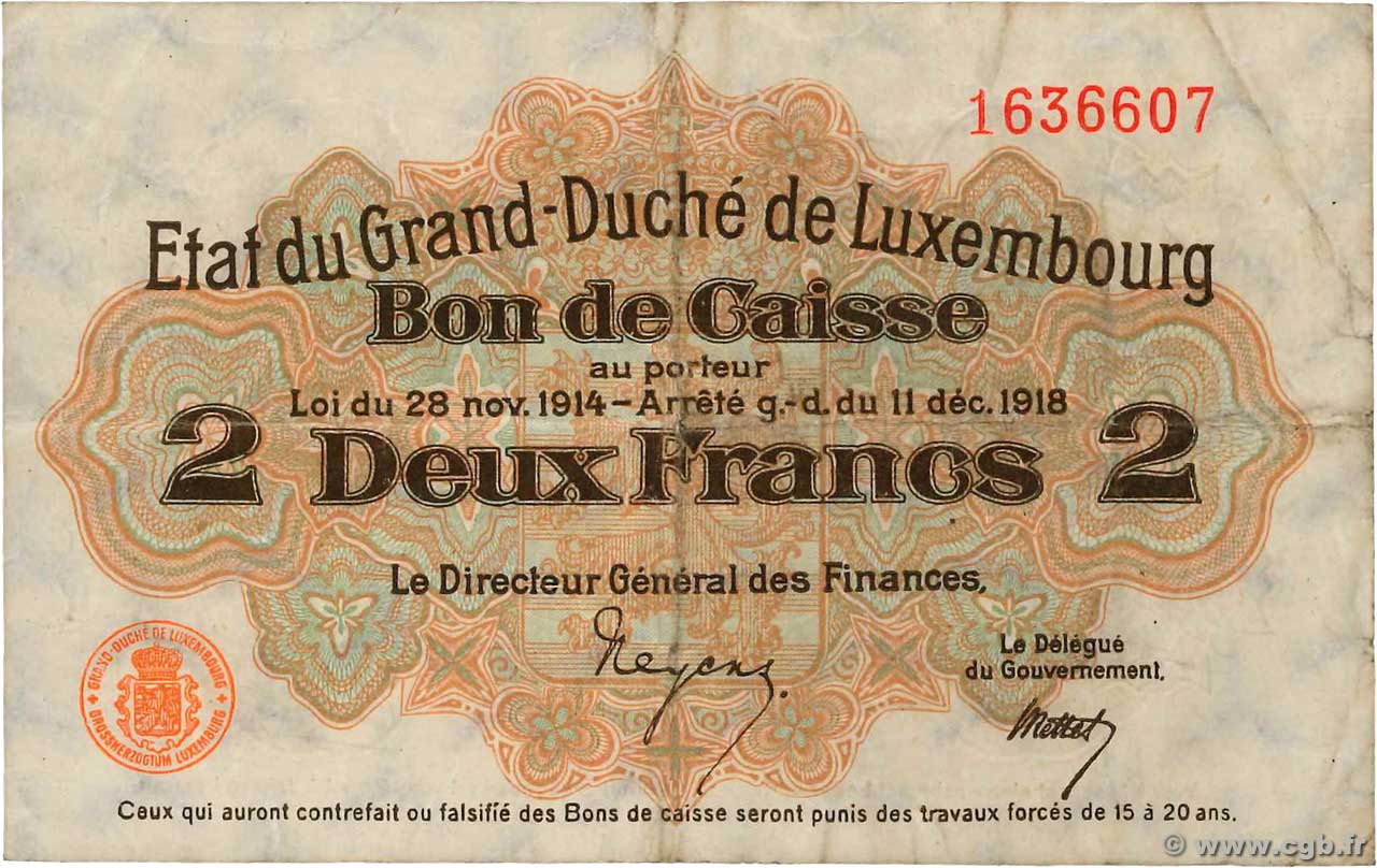 2 Francs LUXEMBURGO  1919 P.28 BC