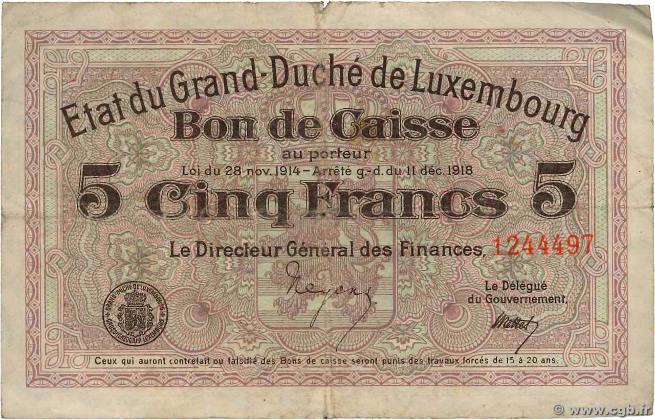 5 Francs LUXEMBOURG  1919 P.29b G