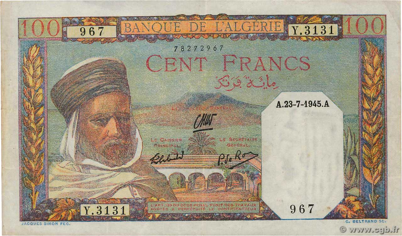 100 Francs ALGÉRIE  1945 P.085 TTB