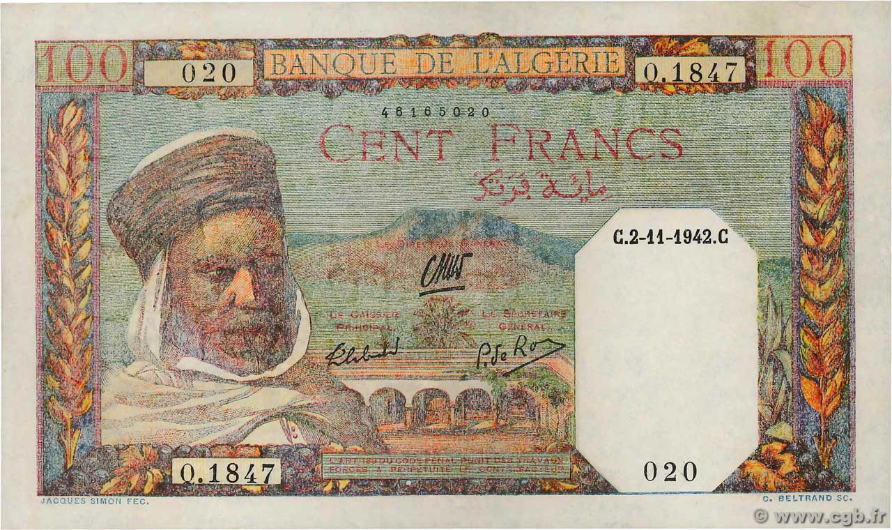 100 Francs ALGÉRIE  1942 P.088 pr.SUP