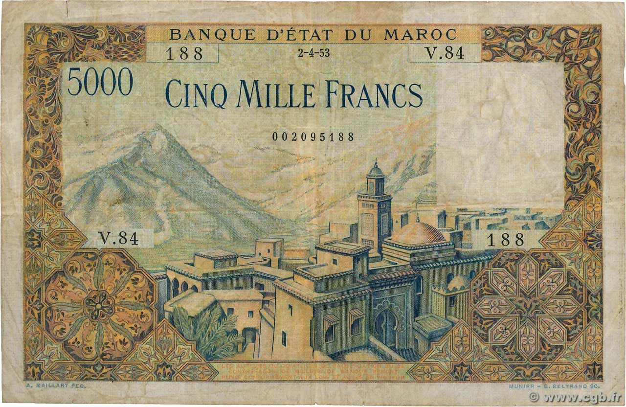 5000 Francs MAROC  1953 P.49 pr.TB