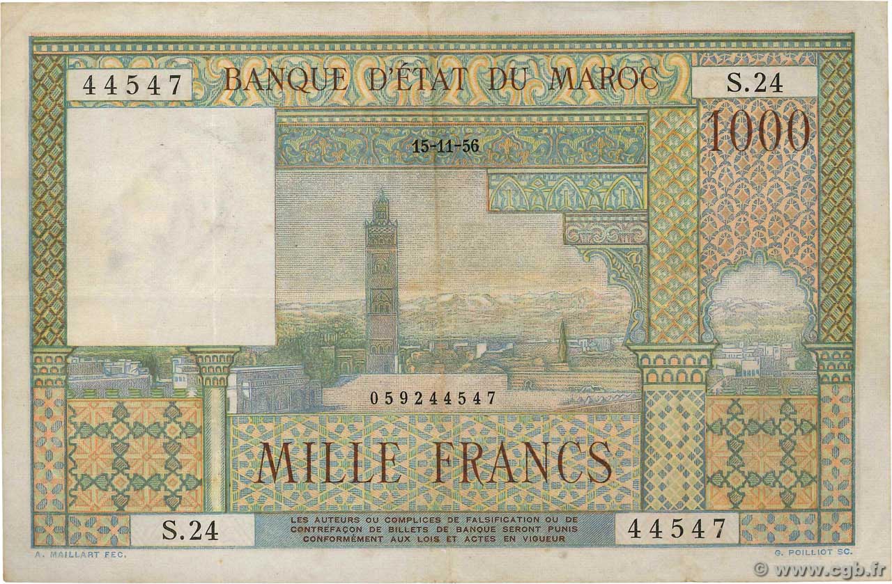 1000 Francs MOROCCO  1956 P.47 VF