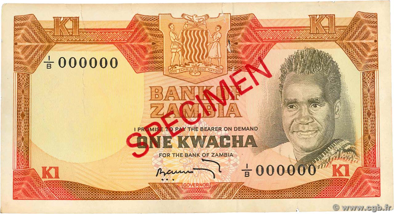 1 Kwacha Spécimen ZAMBIE  1973 P.16s TB
