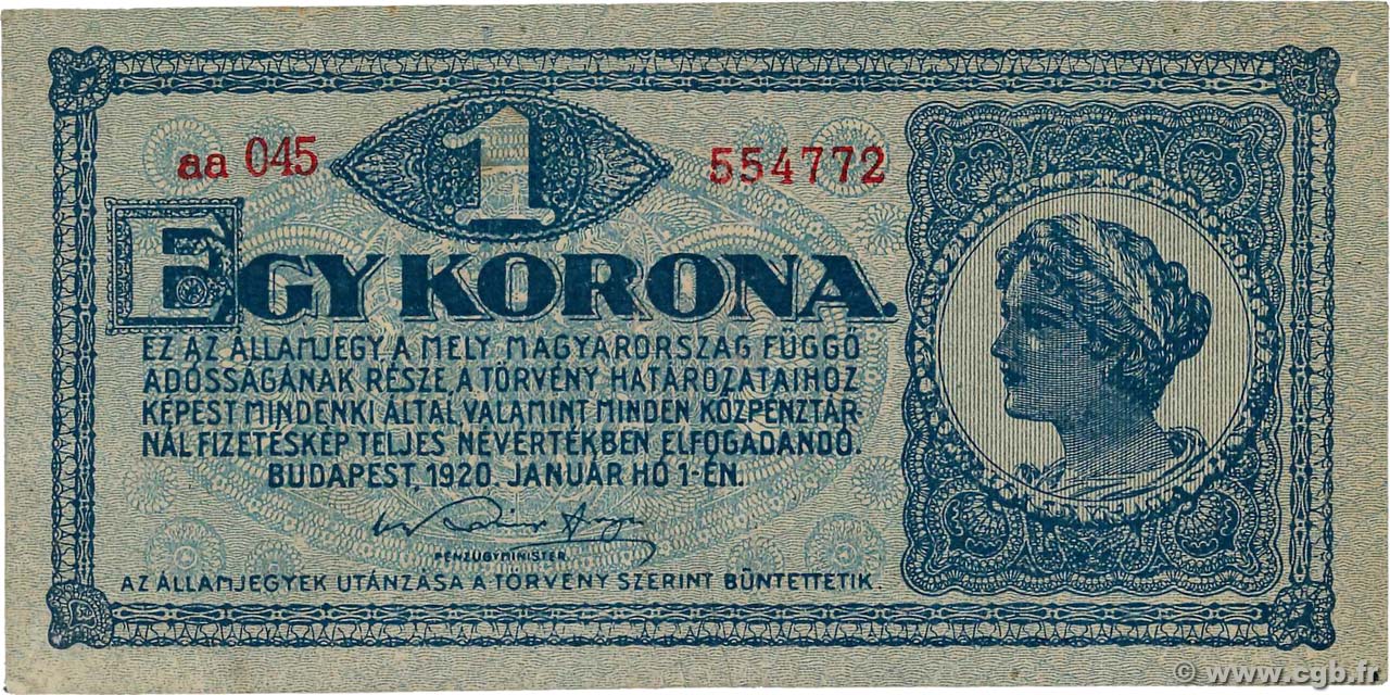 1 Korona HUNGARY  1920 P.057 VF