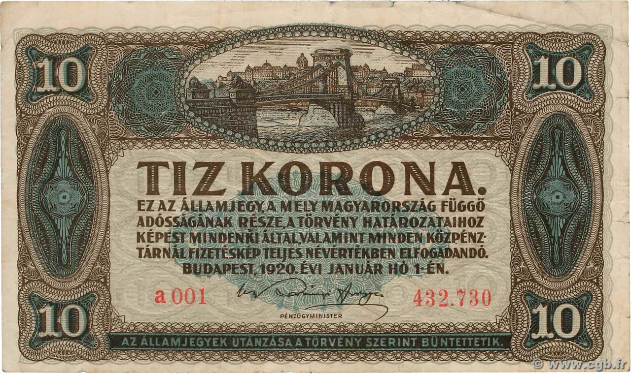 10 Korona HONGRIE  1920 P.060 TB+