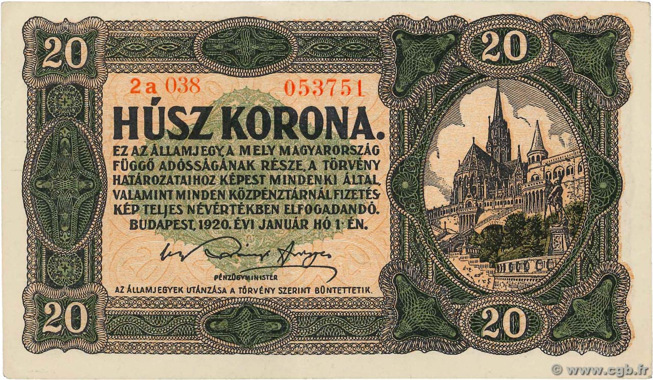 20 Korona UNGHERIA  1920 P.061 SPL+