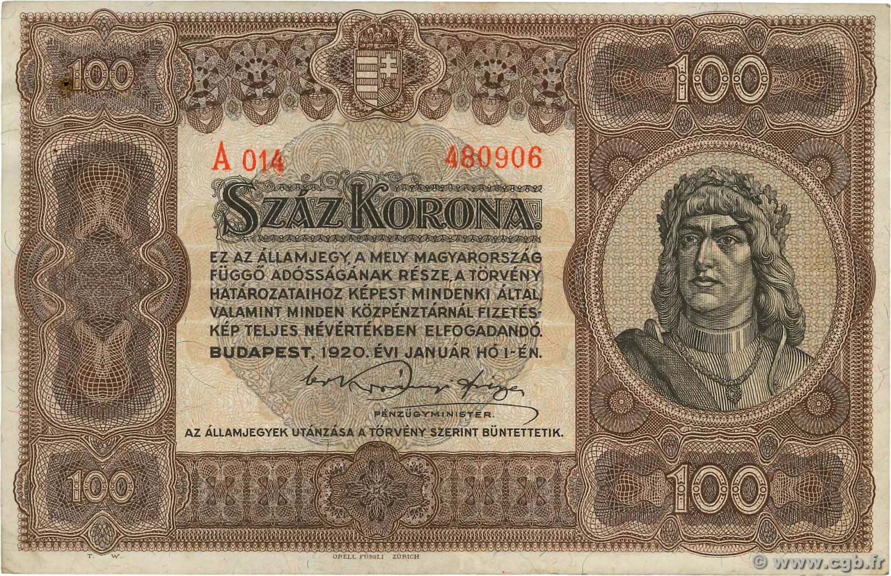 100 Korona HUNGARY  1920 P.063 VF
