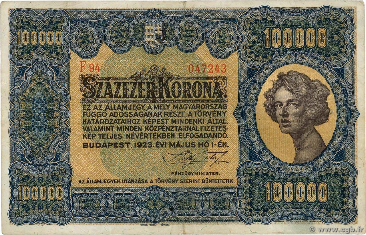 100000 Korona UNGARN  1923 P.072a SS