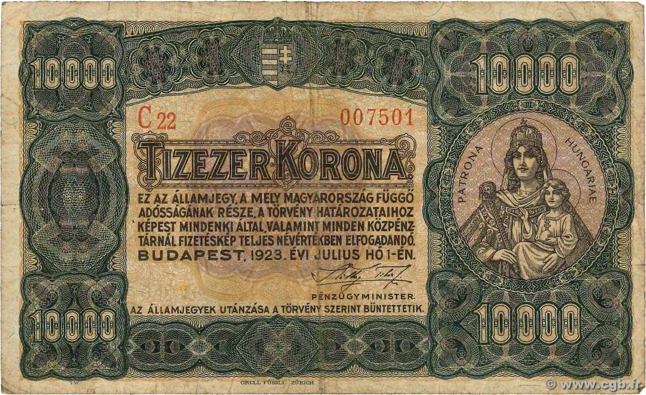 10000 Korona HONGRIE  1923 P.077a pr.TB