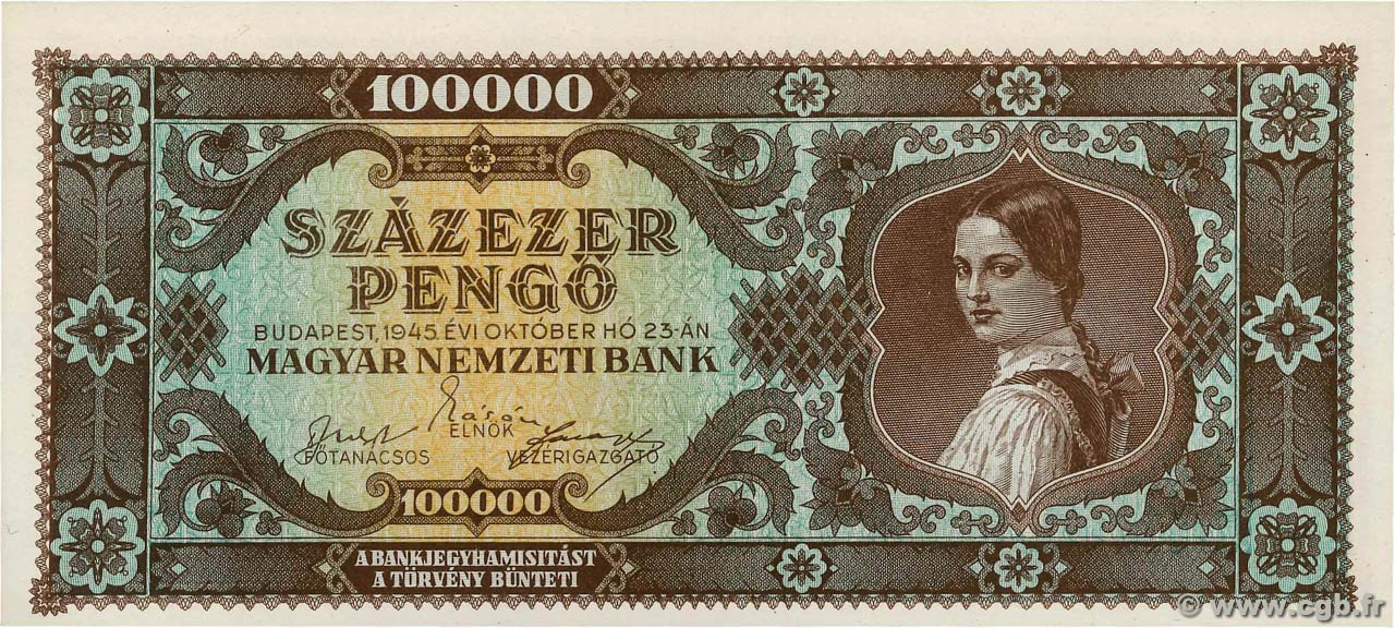 100000 Pengo HONGRIE  1945 P.121a pr.NEUF