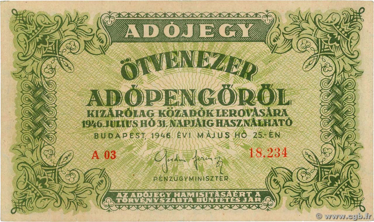 50000 Adopengo UNGHERIA  1946 P.138a SPL+