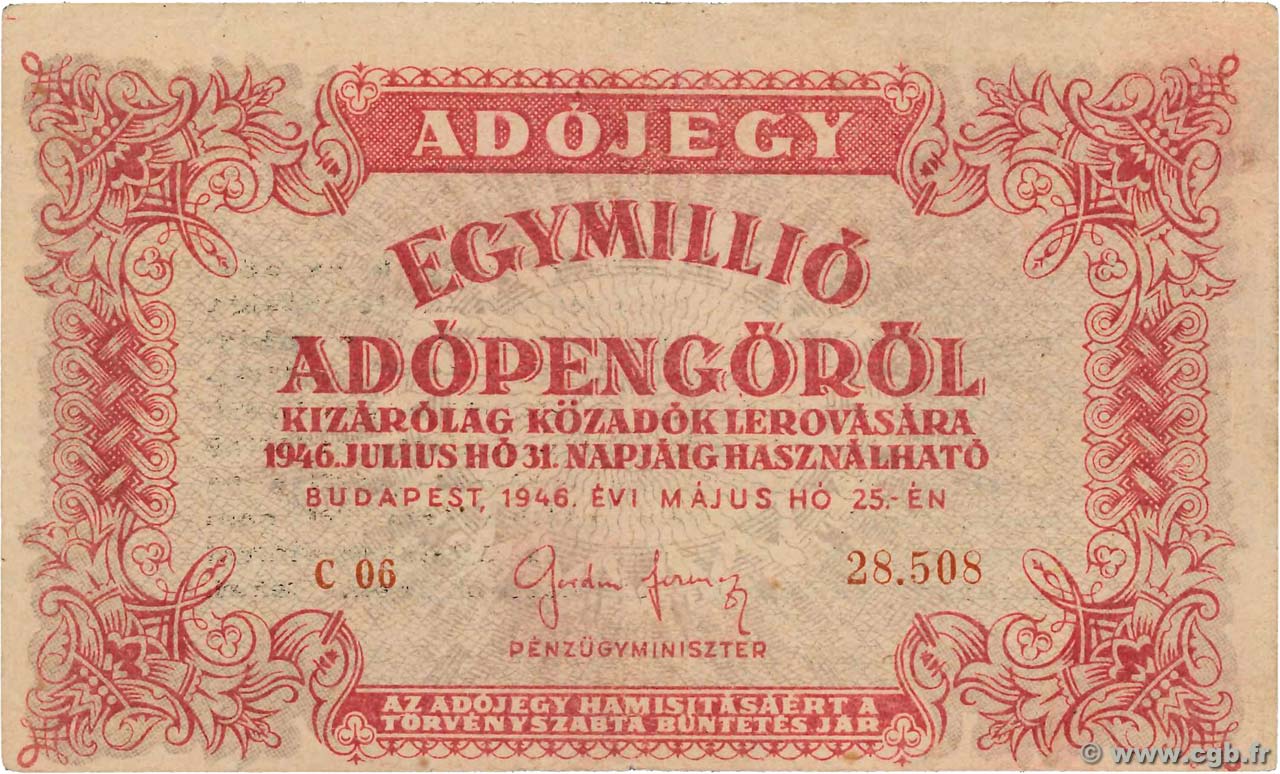 1000000 Adopengo HUNGARY  1946 P.140a VF