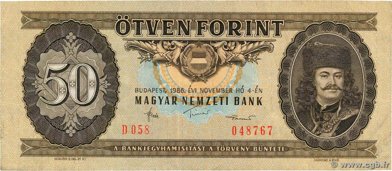50 Forint HUNGRíA  1986 P.170g BC a MBC