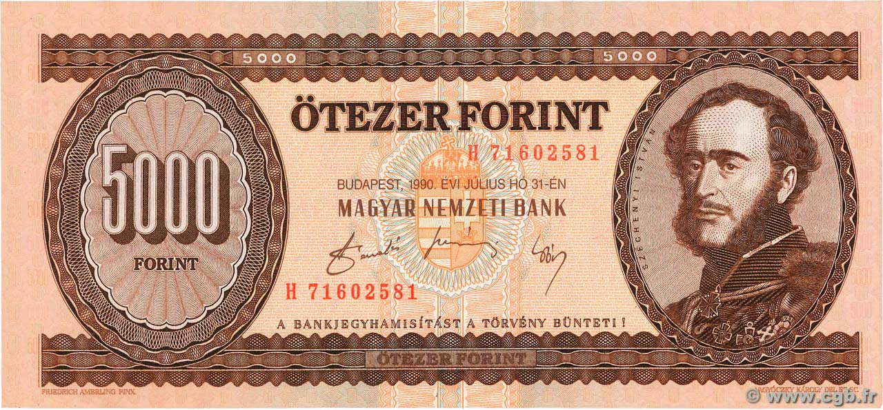 5000 Forint UNGARN  1990 P.177a fST+