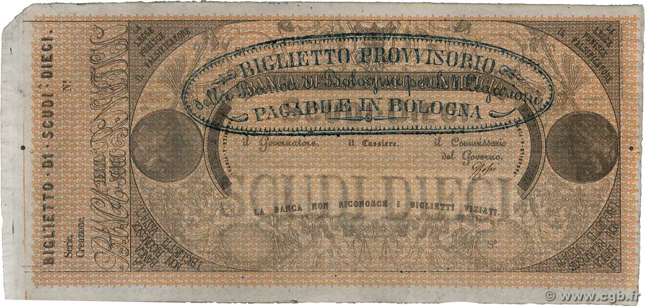 10 Scudi Non émis ITALIEN Bologne 1853 PS.671r VZ+