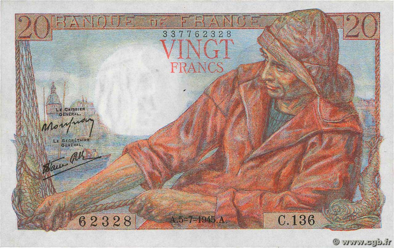 20 Francs PÊCHEUR FRANCIA  1945 F.13.10 AU