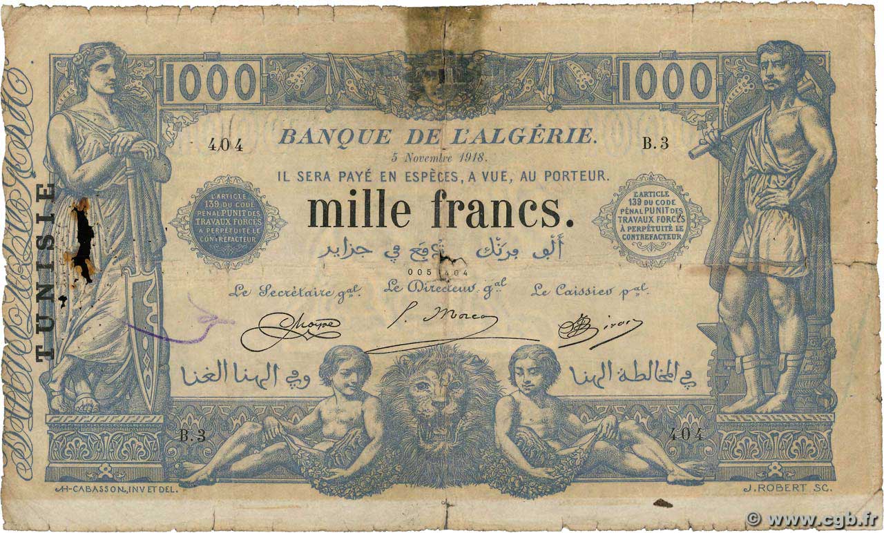 1000 Francs TUNISIA  1918 P.07a G