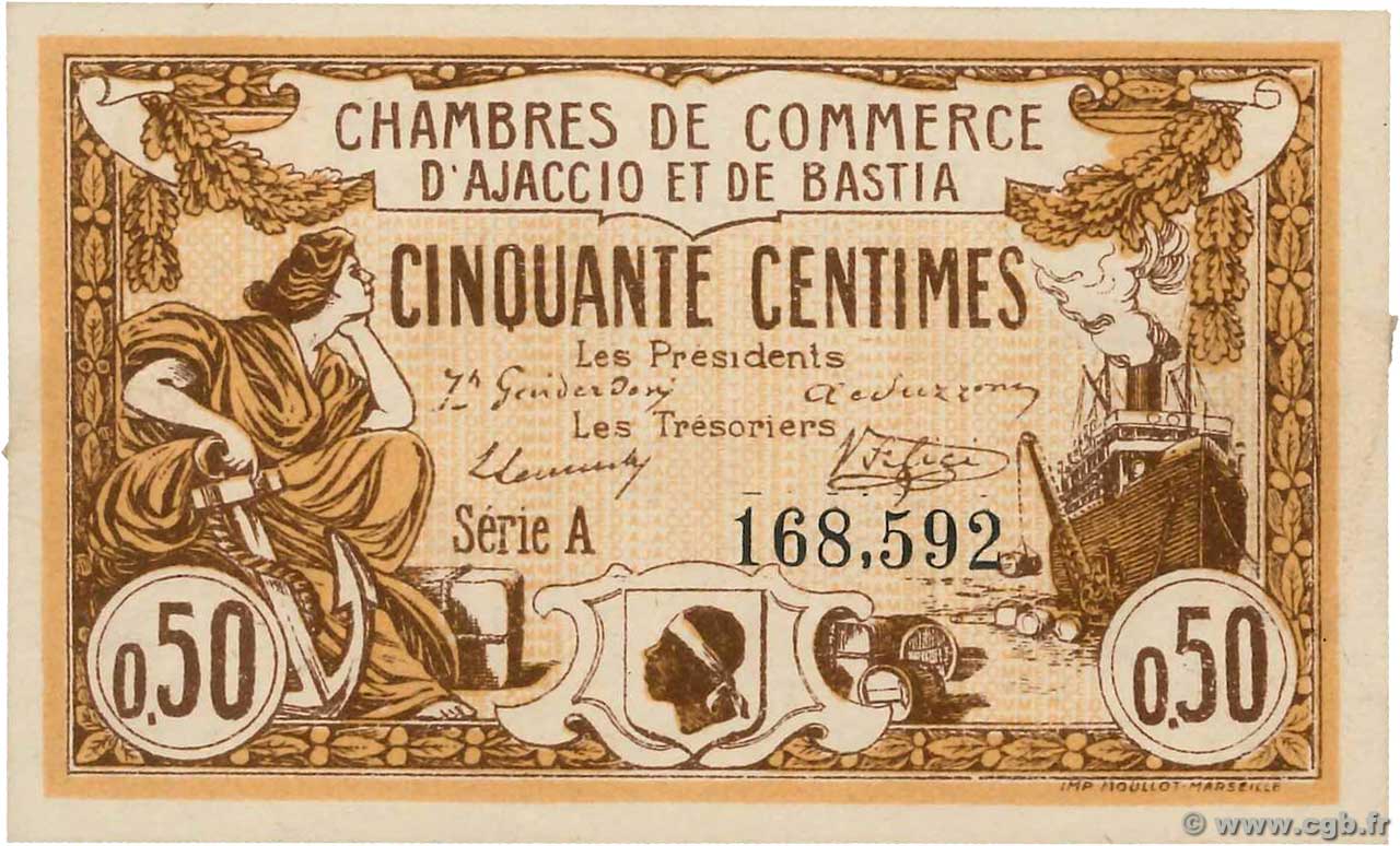 50 Centimes FRANCE regionalism and various Ajaccio et Bastia 1915 JP.003.03 XF