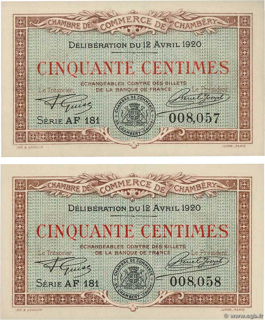 50 Centimes Consécutifs FRANCE régionalisme et divers Chambéry 1920 JP.044.12 NEUF